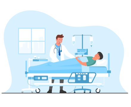 Doctor and patient medical concept. hospital patient lying in hospital bed The host doctor came to see the symptoms to evaluate the treatment. Hospital Room with Modern Equipment. Vector Illustration