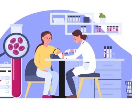 Vector illustration of blood donation. Cartoon scene with blood donation by girl to check for diseases in the laboratory.