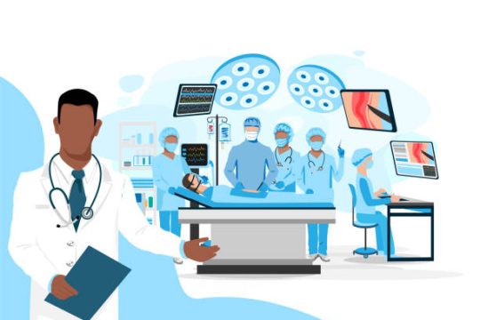 The doctor shows a modern operating room. Medical equipment for surgical operations. Thank you doctors and nurses. Vector illustration isolated on white background.