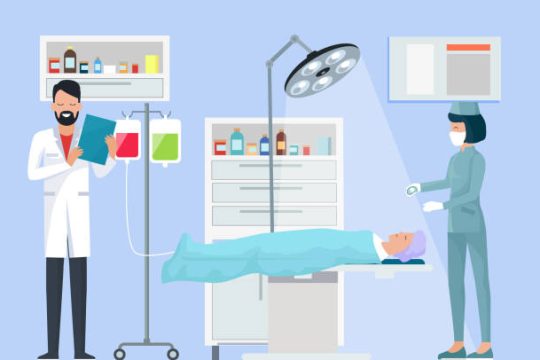 Nurse and doctor in operation, professional controls process and health, hospital room with light, drop-bottle and liquids vector illustration