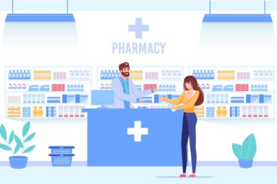 Pharmacist doctor, female client at drugstore counter. Woman patient with money cash ordering or buying medicine pills at pharmacy shop. Medicine, healthcare, purchased drugs delivery concept