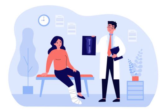 Doctor holding X-ray of broken leg isolated flat vector illustration. Cartoon injured sad woman sitting with cast in hospital consulting room. Treatment, recovery and trauma concept